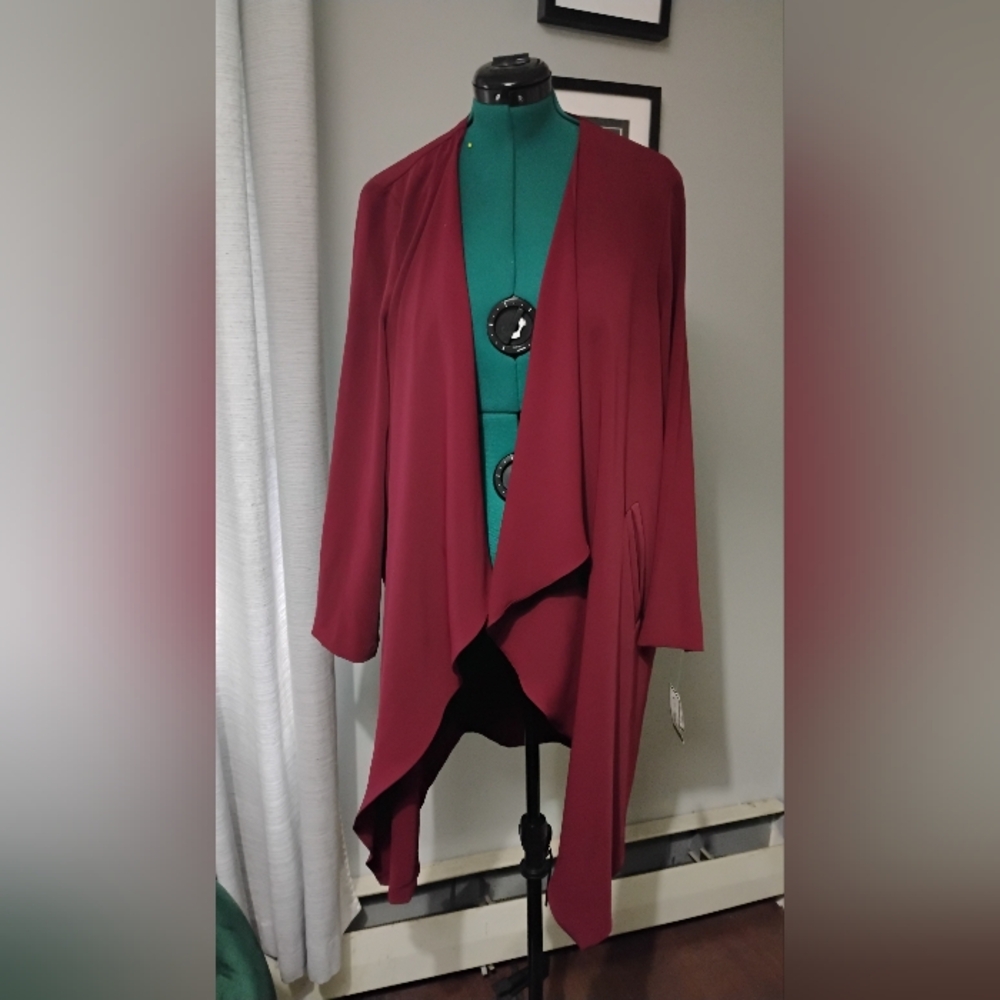 Nine West Burgundy Cascade Open Front Duster Jacket Sz L NWT